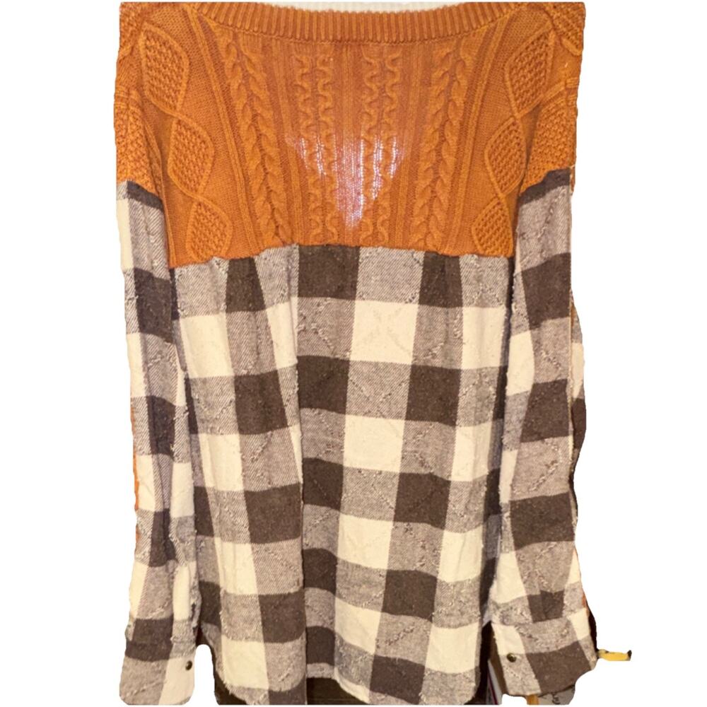 POL Brown Plaid Cable-Knit Embroidered Cardigan Sweater Women's Size S - Picture 3 of 5